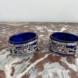 Antique, pair of salerons, silver plated, goldsmith hallmark, putti decoration, grape