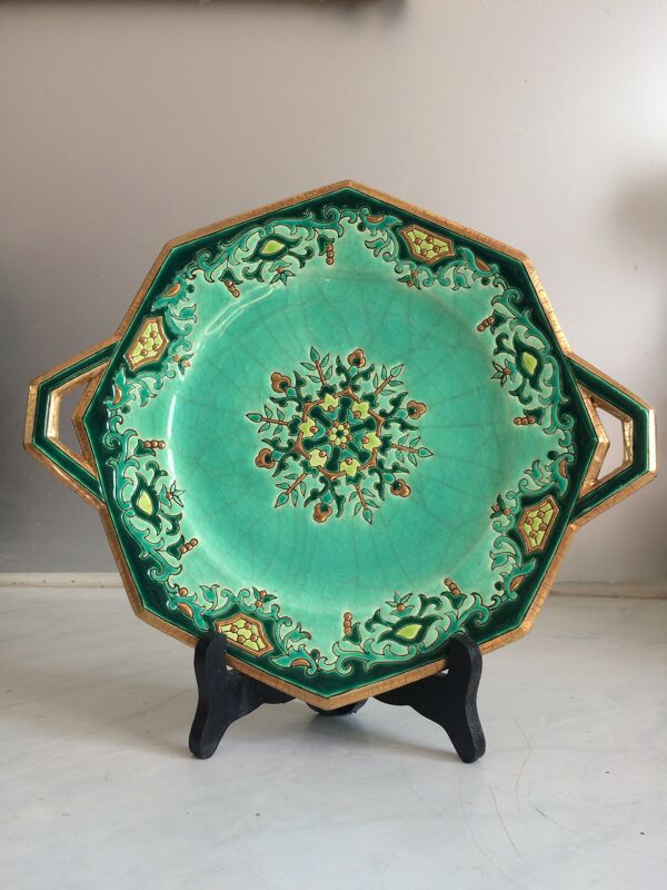 Plat longwy chinoisant art déco emaux vert emeraude