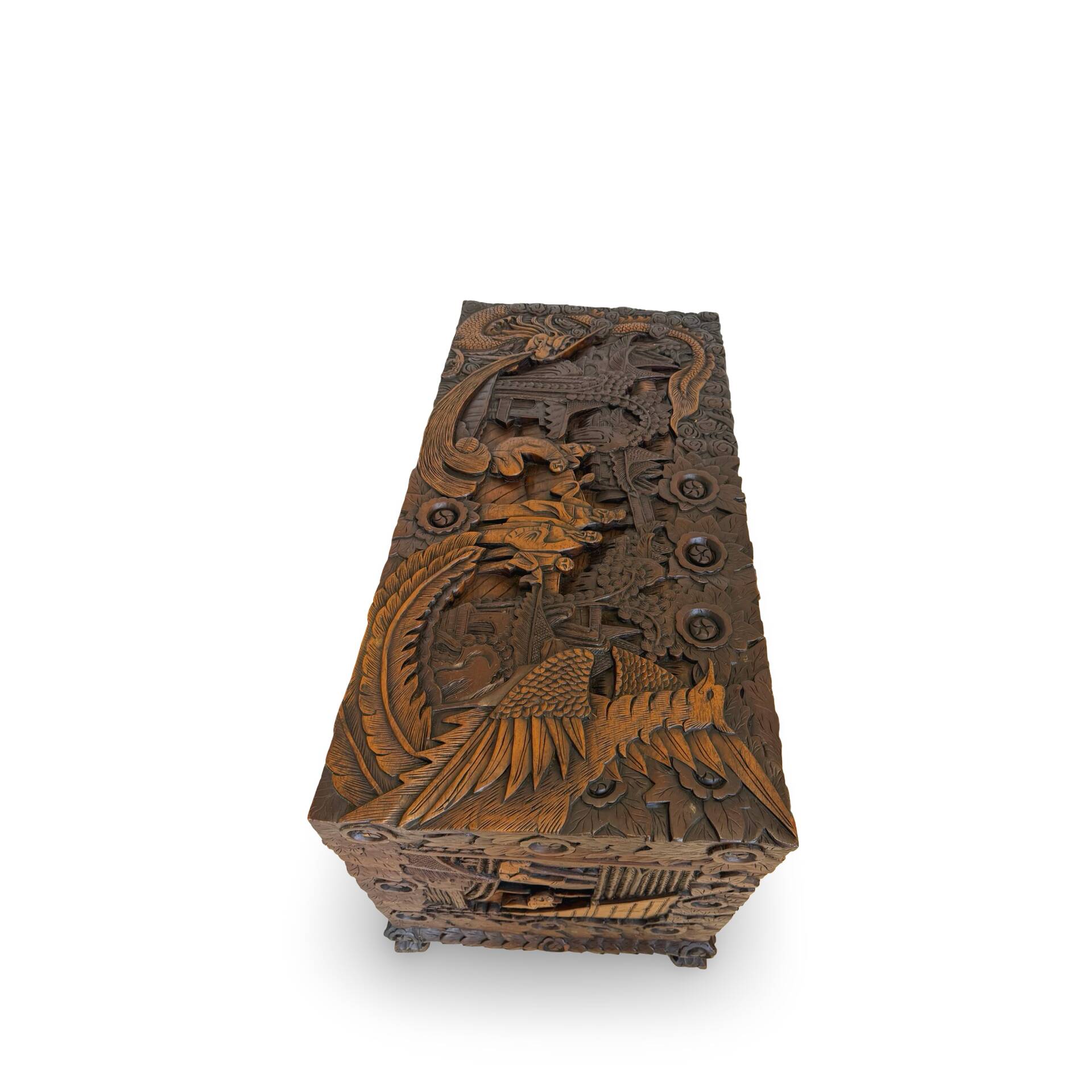 Antique Chinese Carved Export Chest – Dragon, Phoenix & Landscape Deco
