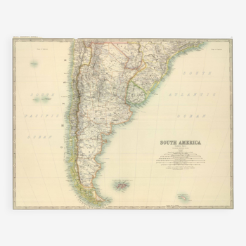 Carte antique de l’Argentine / Amérique du Sud vers 1869 Keith Johnston Royal Atlas Carte colorée à la main