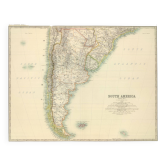 Carte antique de l’Argentine / Amérique du Sud vers 1869 Keith Johnston Royal Atlas Carte colorée à la main