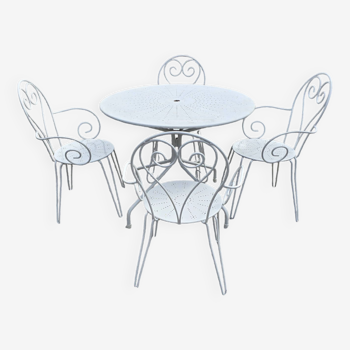 Wrought iron garden furniture, 1 table + 4 armchairs