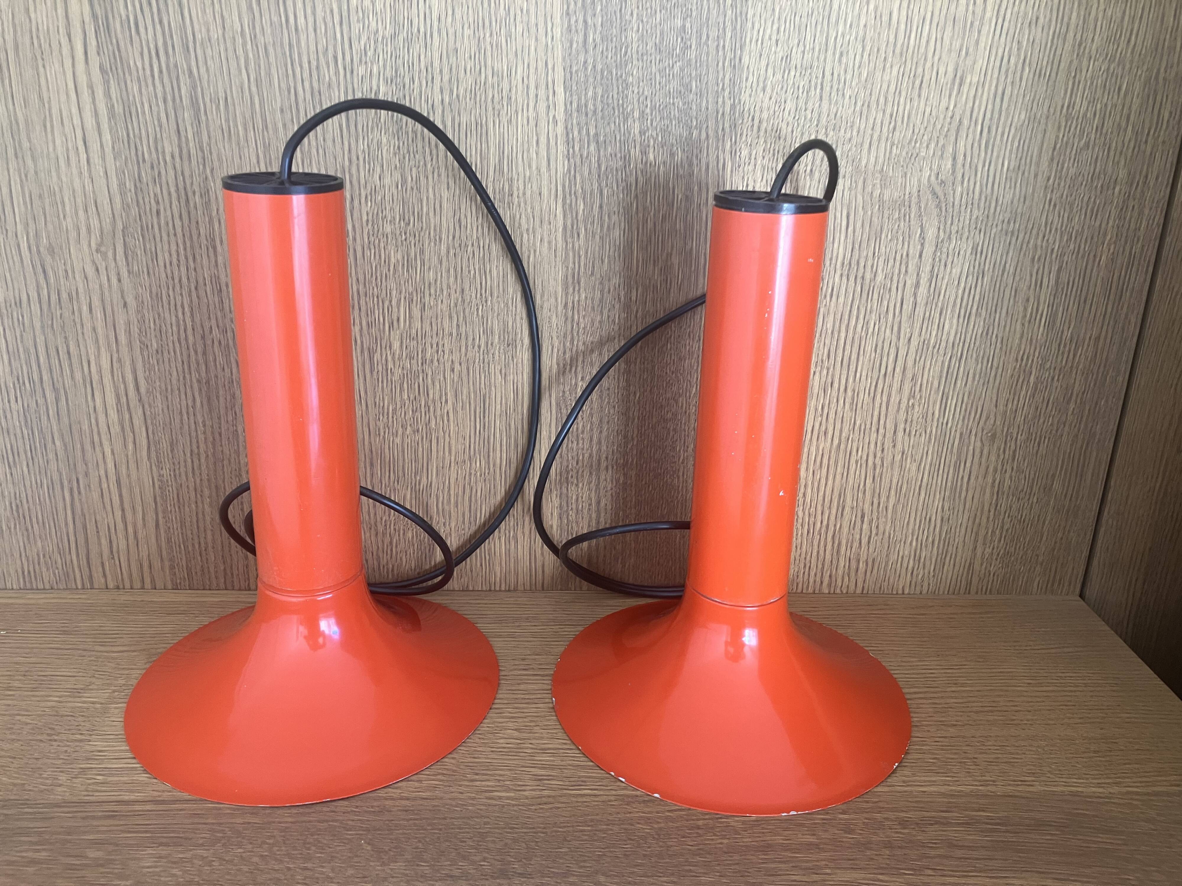 Pair of Lita metal orange pendant lights from the 70s Space Age.