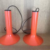 Pair of Lita metal orange pendant lights from the 70s Space Age.