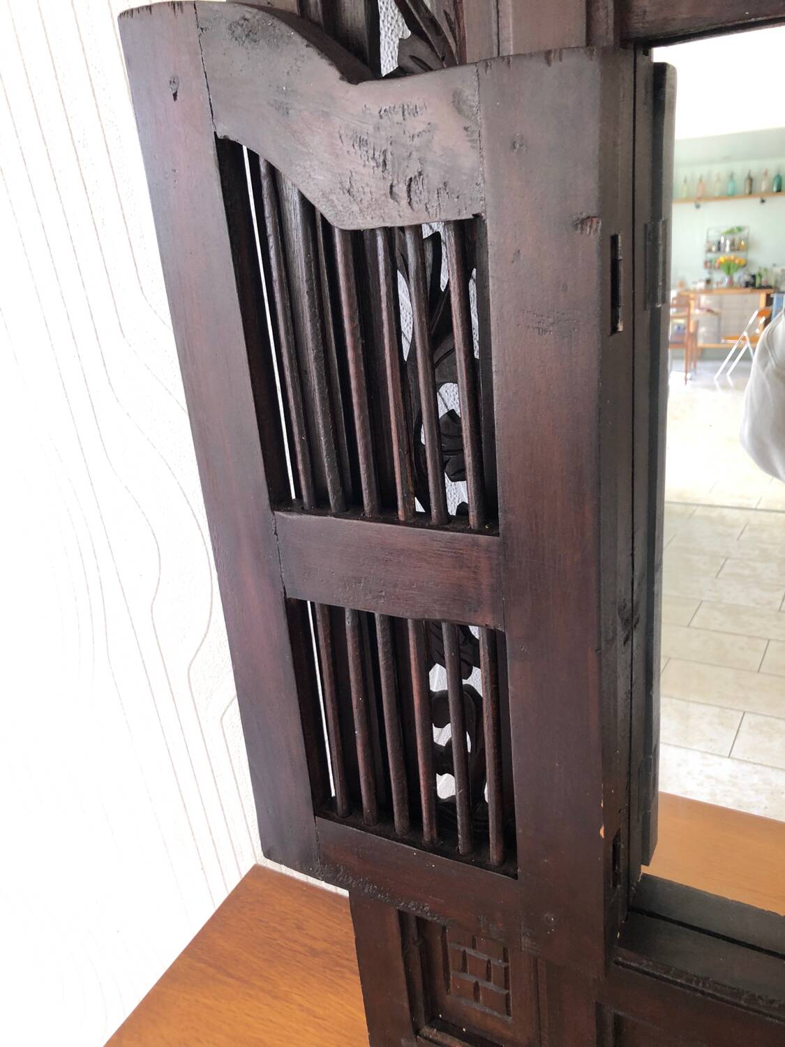 Vintage Indonesian teak shuttered mirror