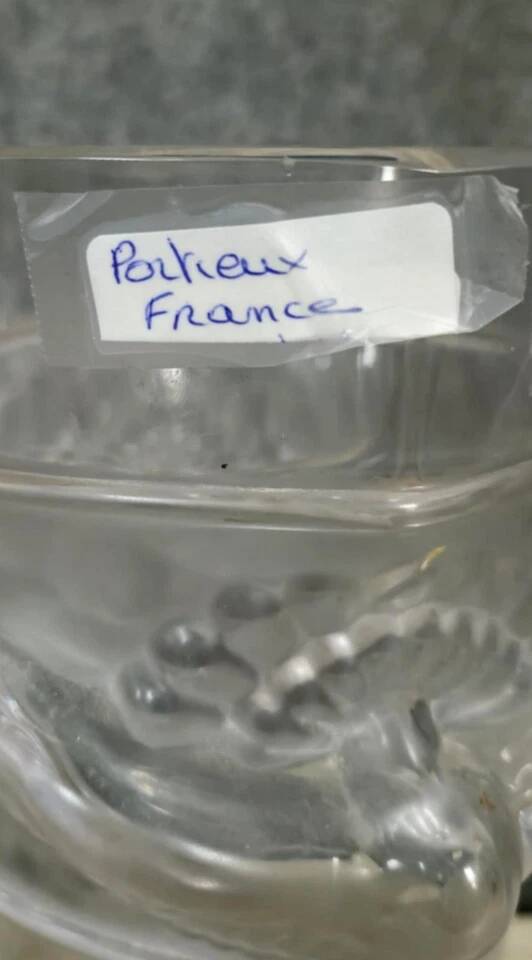 PORTIEUX: signed vase with square neck in pressed, satin-finished, matte white crystal