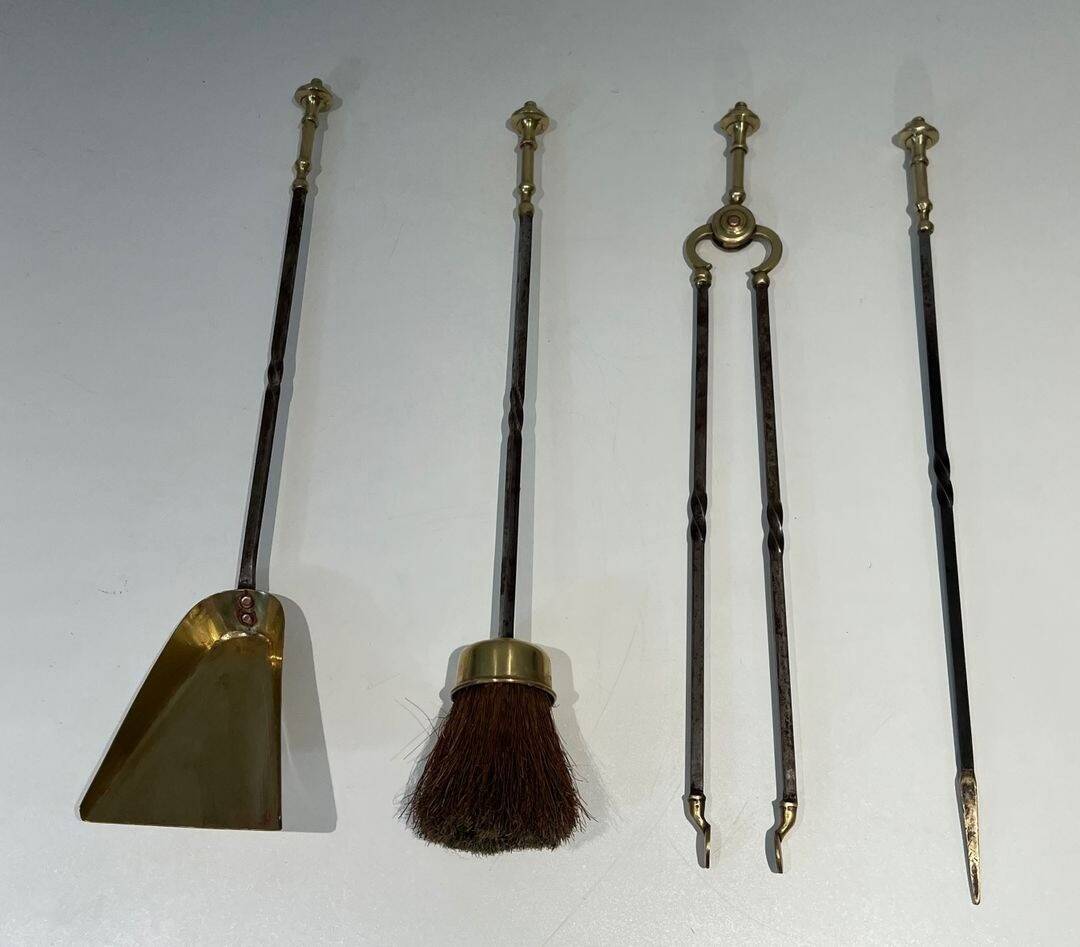 Fire Tool Set in Brass and Brushed Steel with Claw Feet, Attributed to the