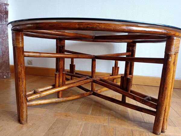 Grande table télescopique en rotin vers 1970