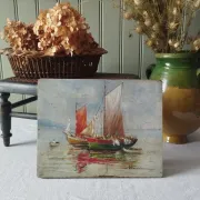 Fishing boats on calm sea. oil painting signed p. volotchenko.