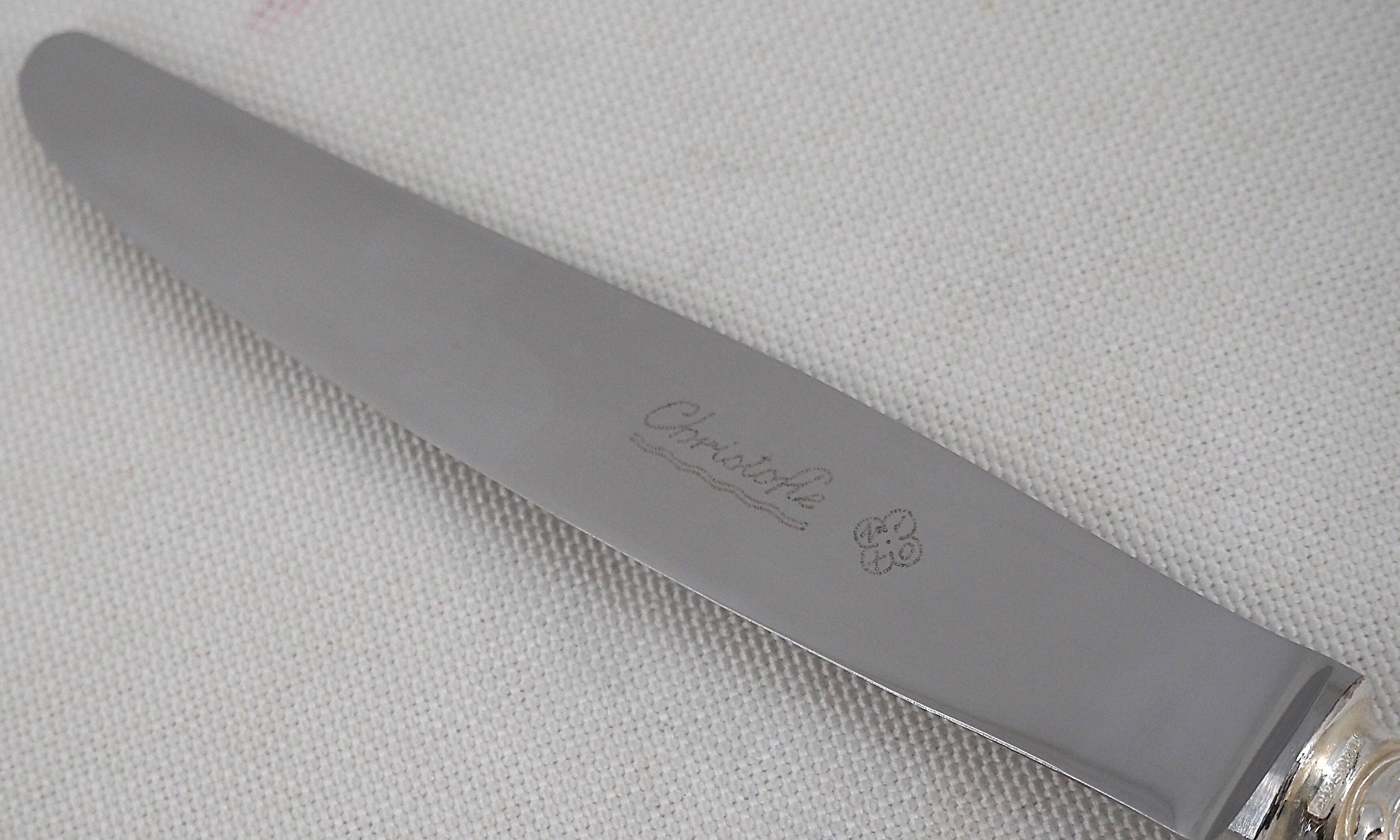 Christofle Marly, 6 dessert knives, for dessert and cheese, silver-plated metal.
