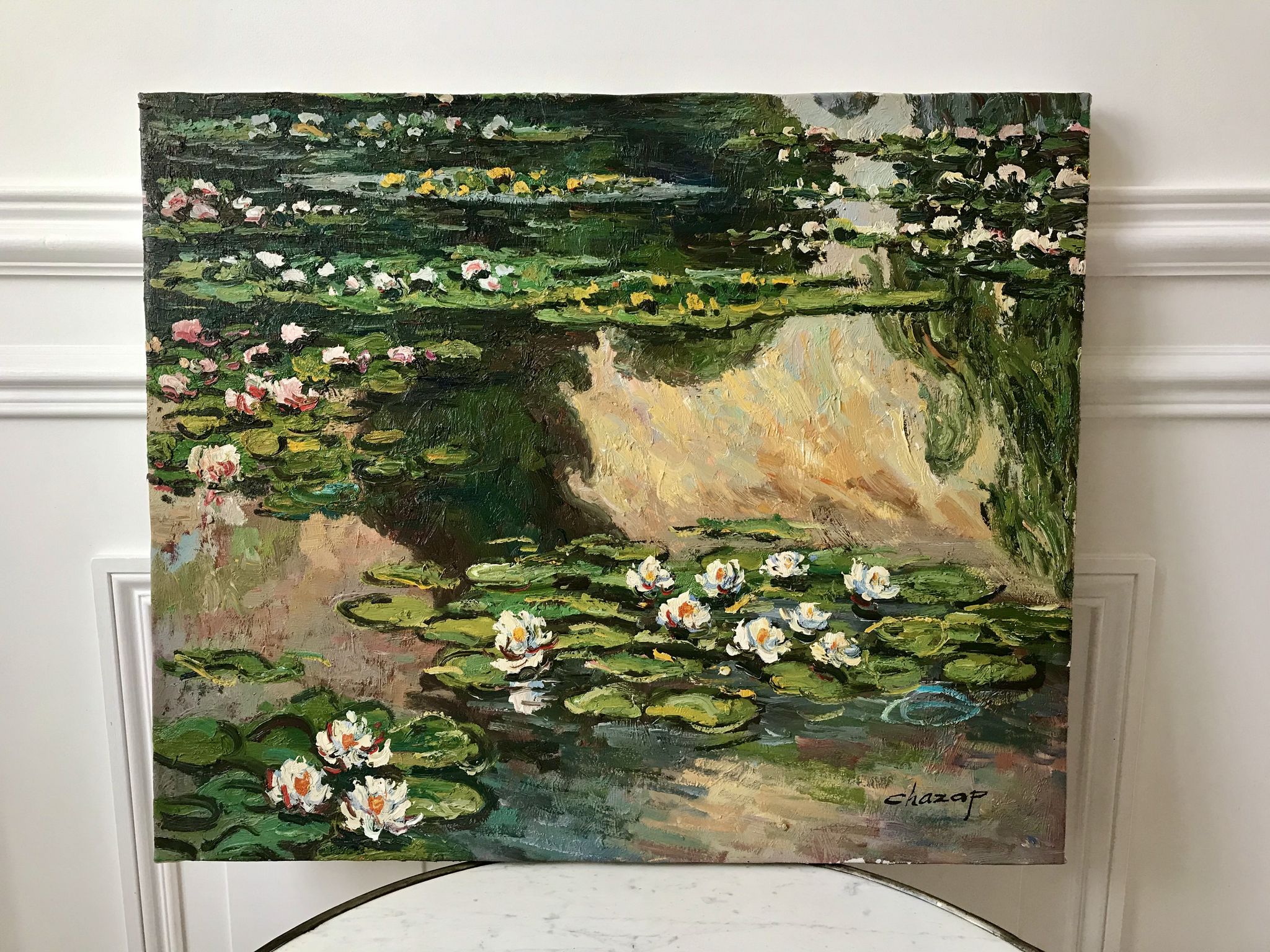 Oil painting on canvas water lilies nymlies signed chazap years 40-50