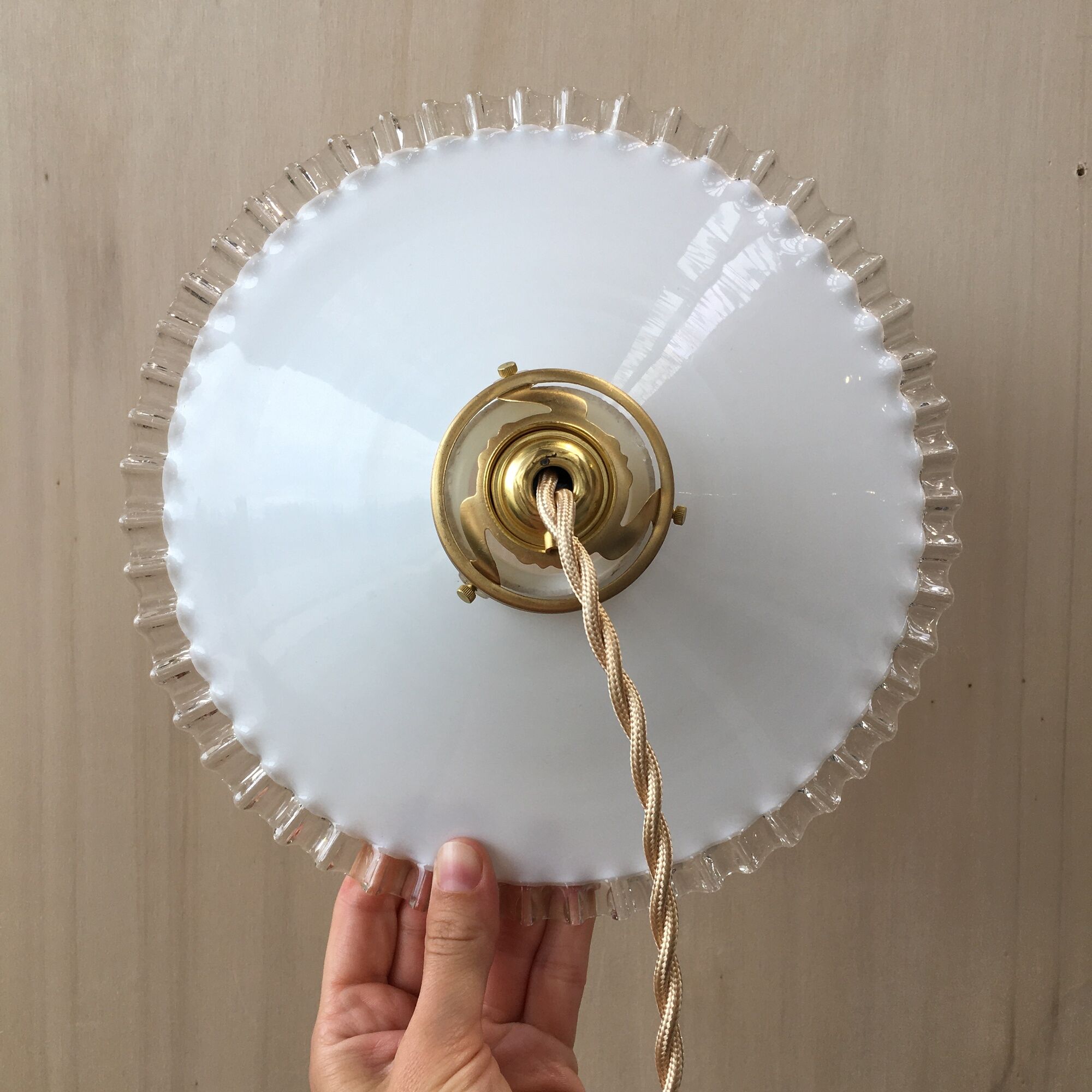 Pair of vintage white opaline pendant lamps and transparent serrated edges