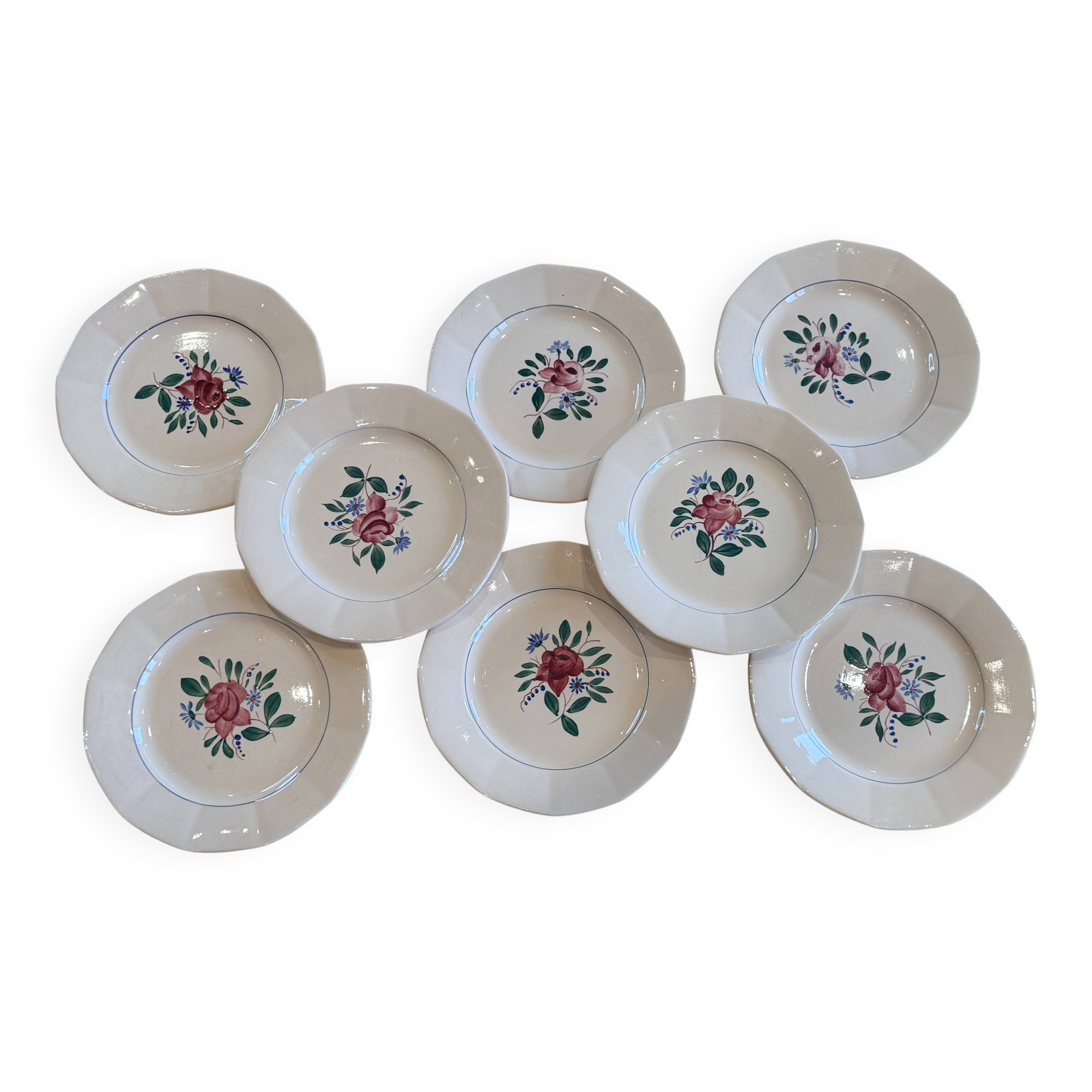 Set of 8 hand-painted plates - Sarreguemines