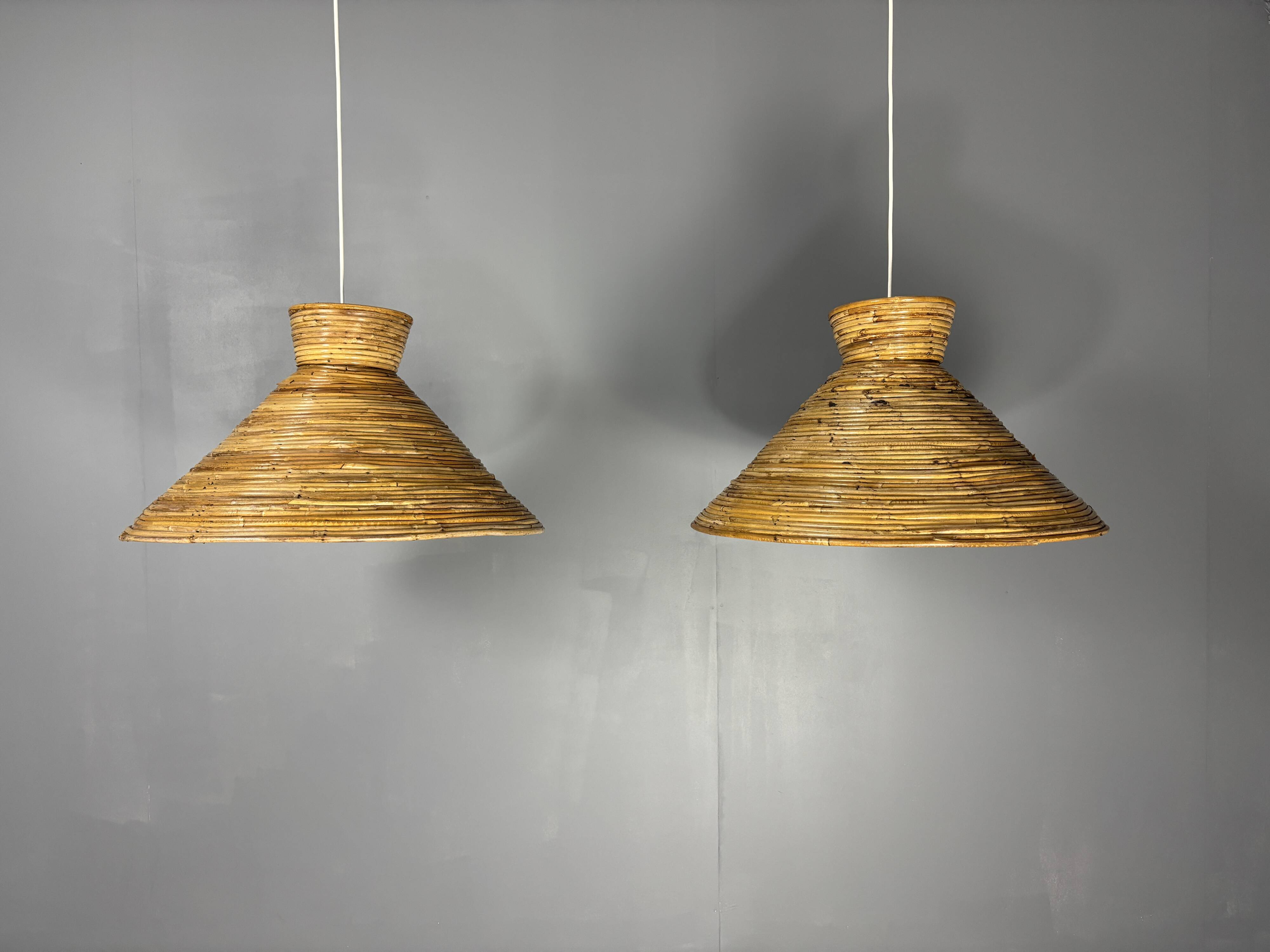 Midcentury pair pencil rattan large ( 62 cm ) pendants, Italy 1970s