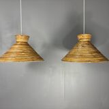 Midcentury pair pencil rattan large ( 62 cm ) pendants, Italy 1970s