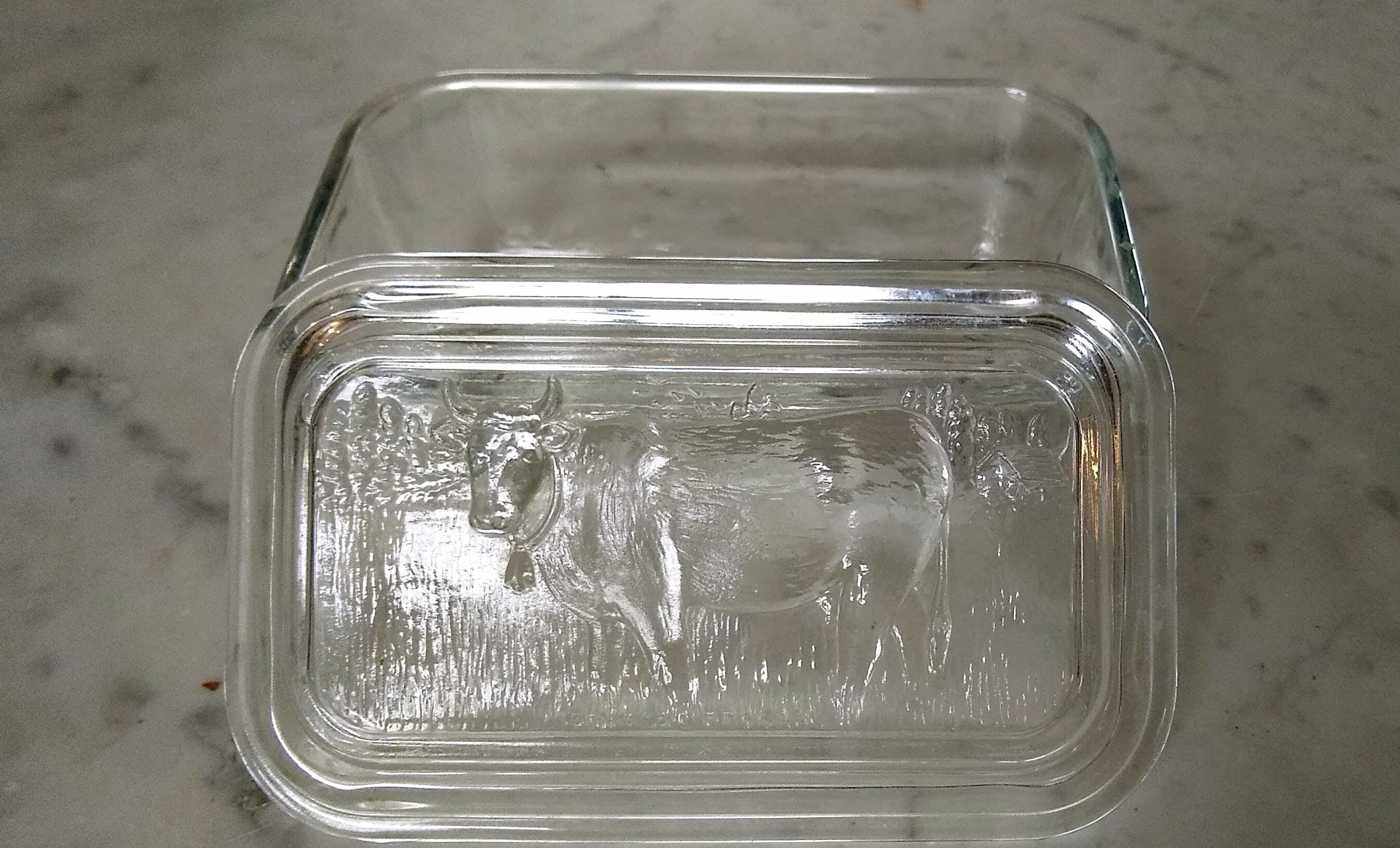 Glass butter dish with cow for decoration