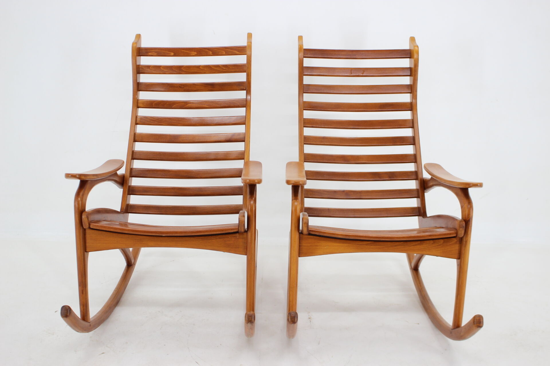 1960s pair of beech rocking chairs by uluv, czechoslovakia