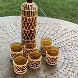 Service a porto ou a aperitif compose d'une carafe et de 6 verres, en verre de couleur ocre et rotin
