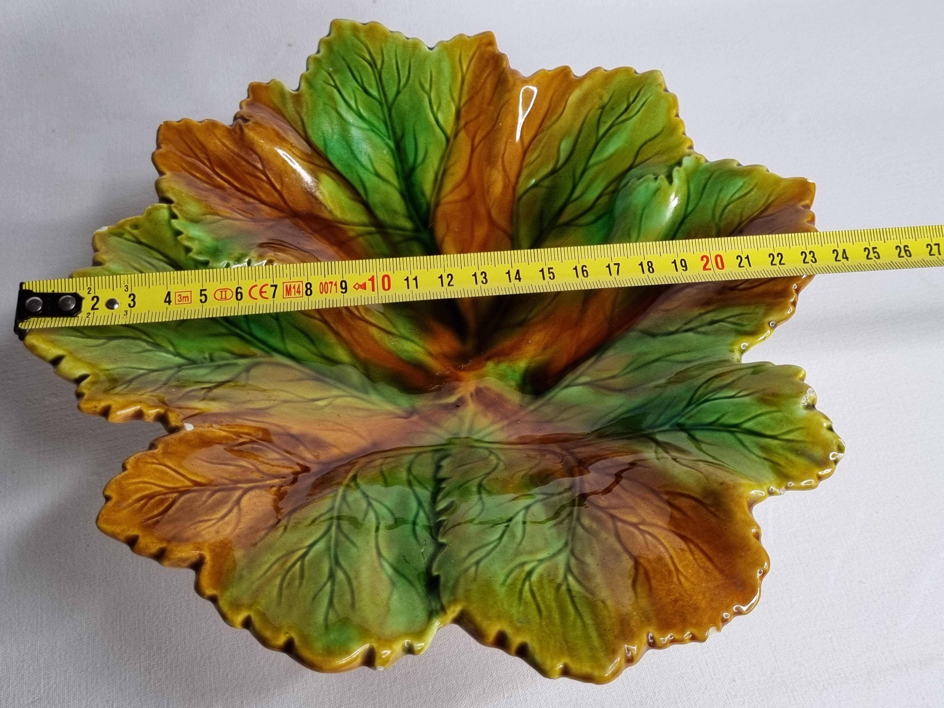 Old Villeroy and Boch compotier, decorated with green and ocher vine leaves, 1900