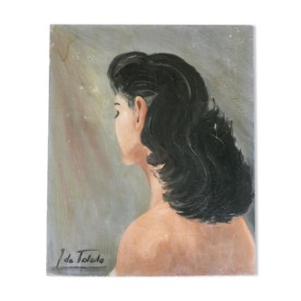 Peinture  portrait d'une femme brune de dos années 50