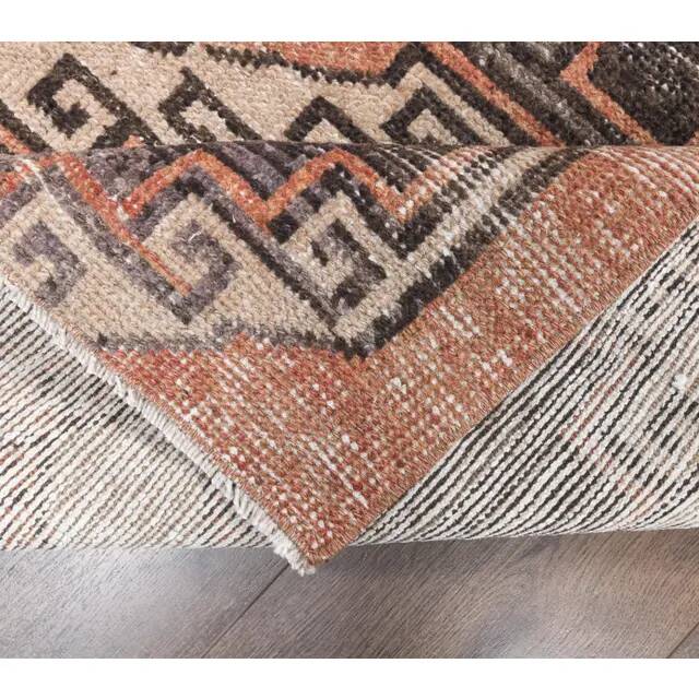 1960s orange geometric Turkish hand-knotted runner rug 81x337