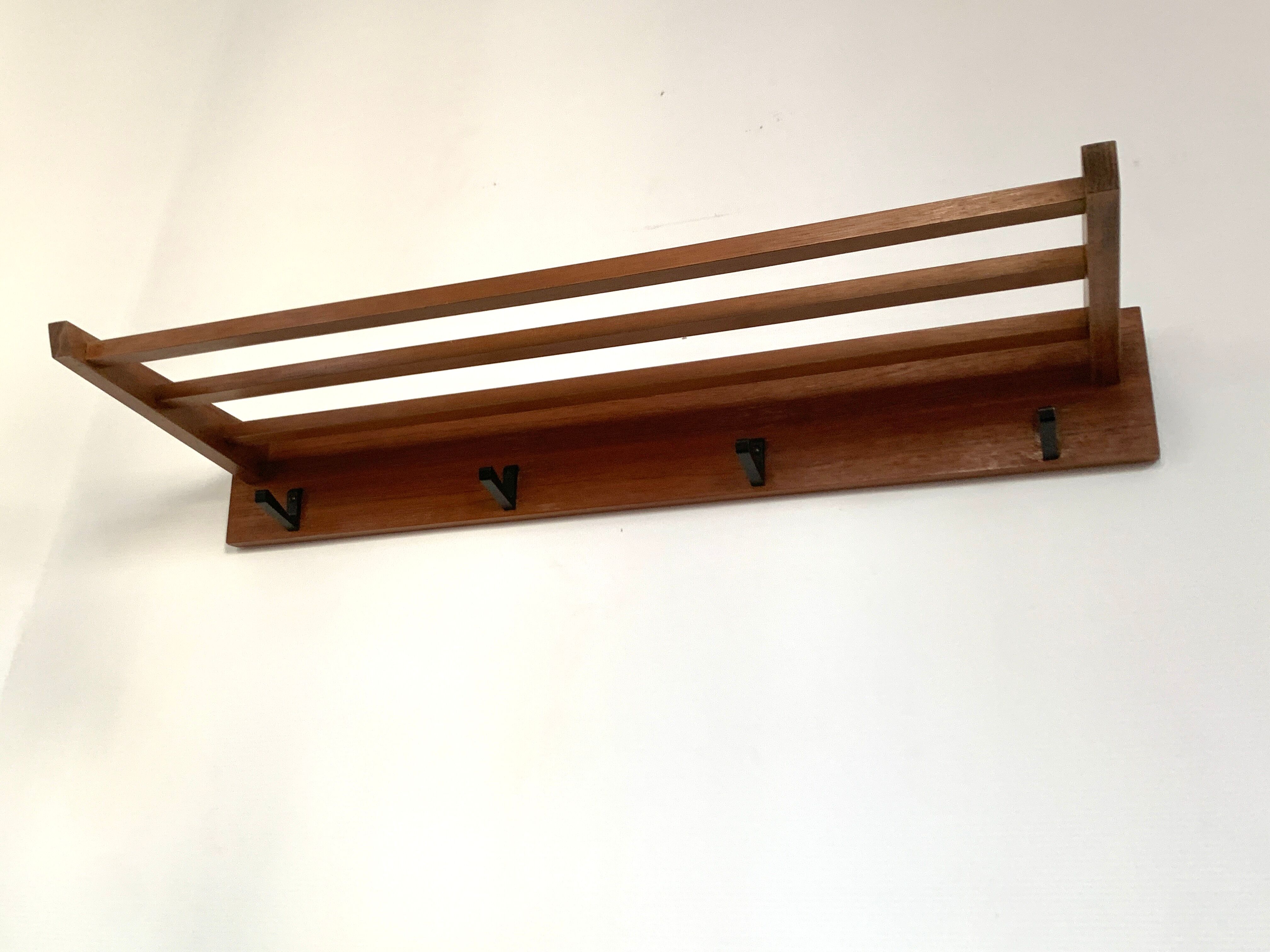 Vintage Scandinavian teak wall coat rack 1960's
