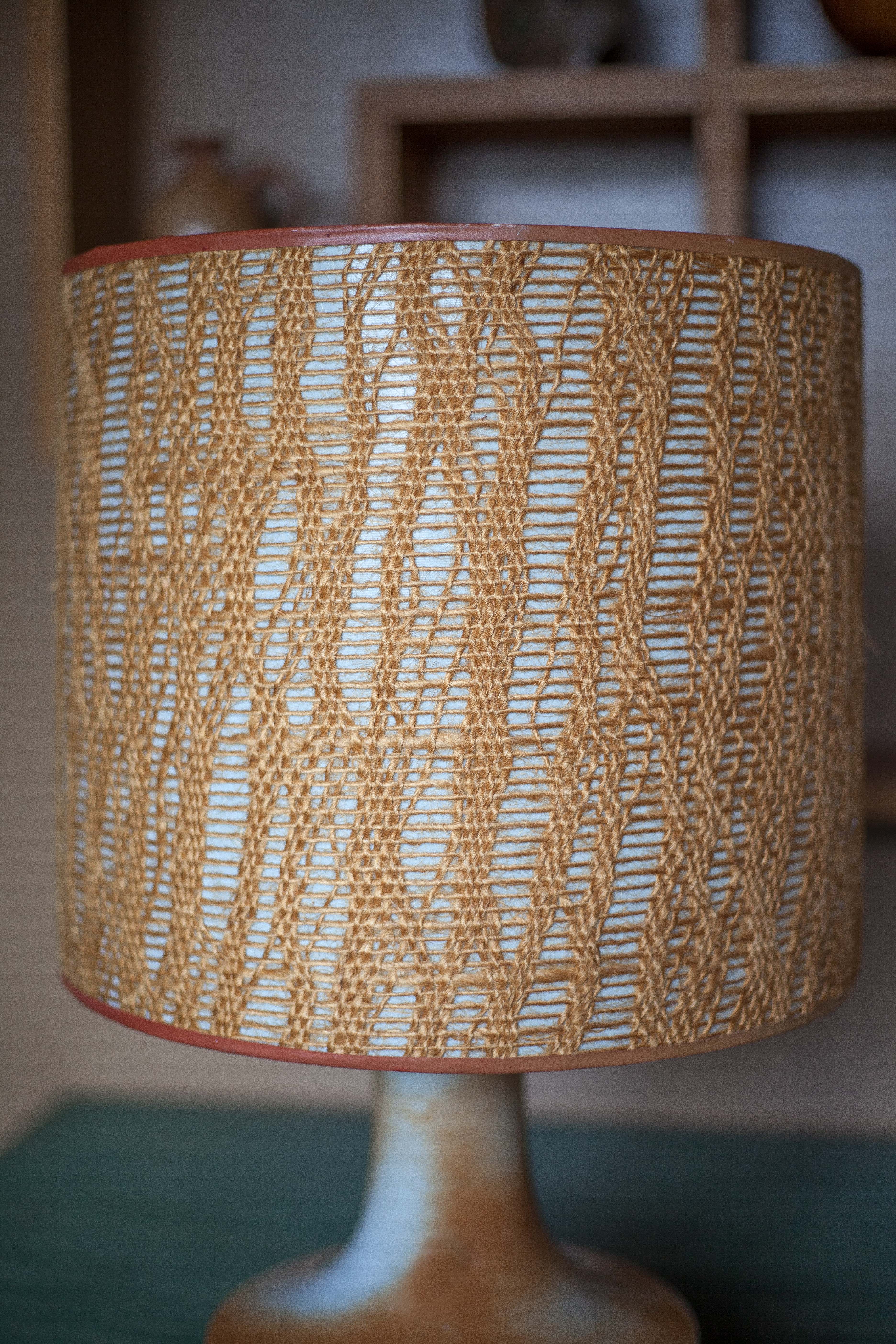 vintage lamp, table lamp, lampshade lamp, sandstone foot, macramé lampshade, living room lamp