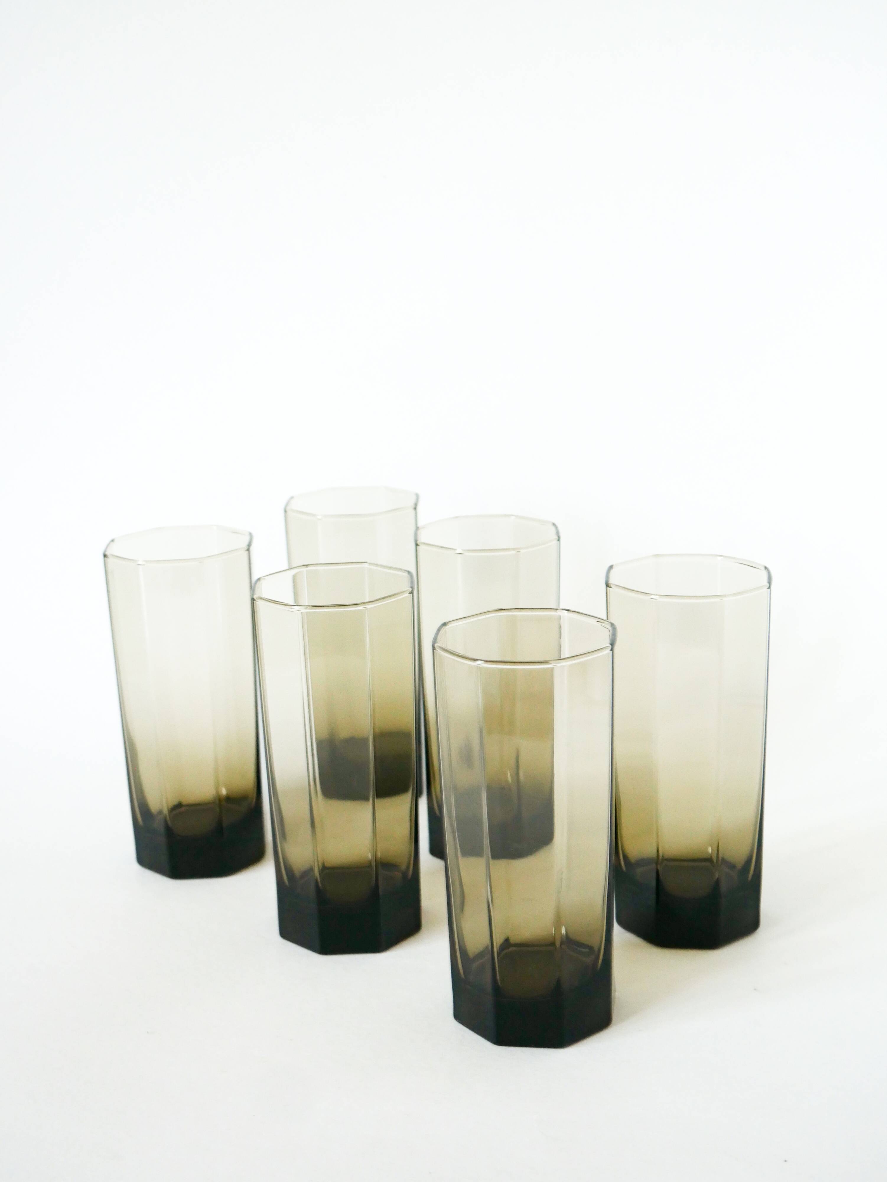 Set of 6 octagonal Long Drink glasses, smoked glass, design, 1970 - 15