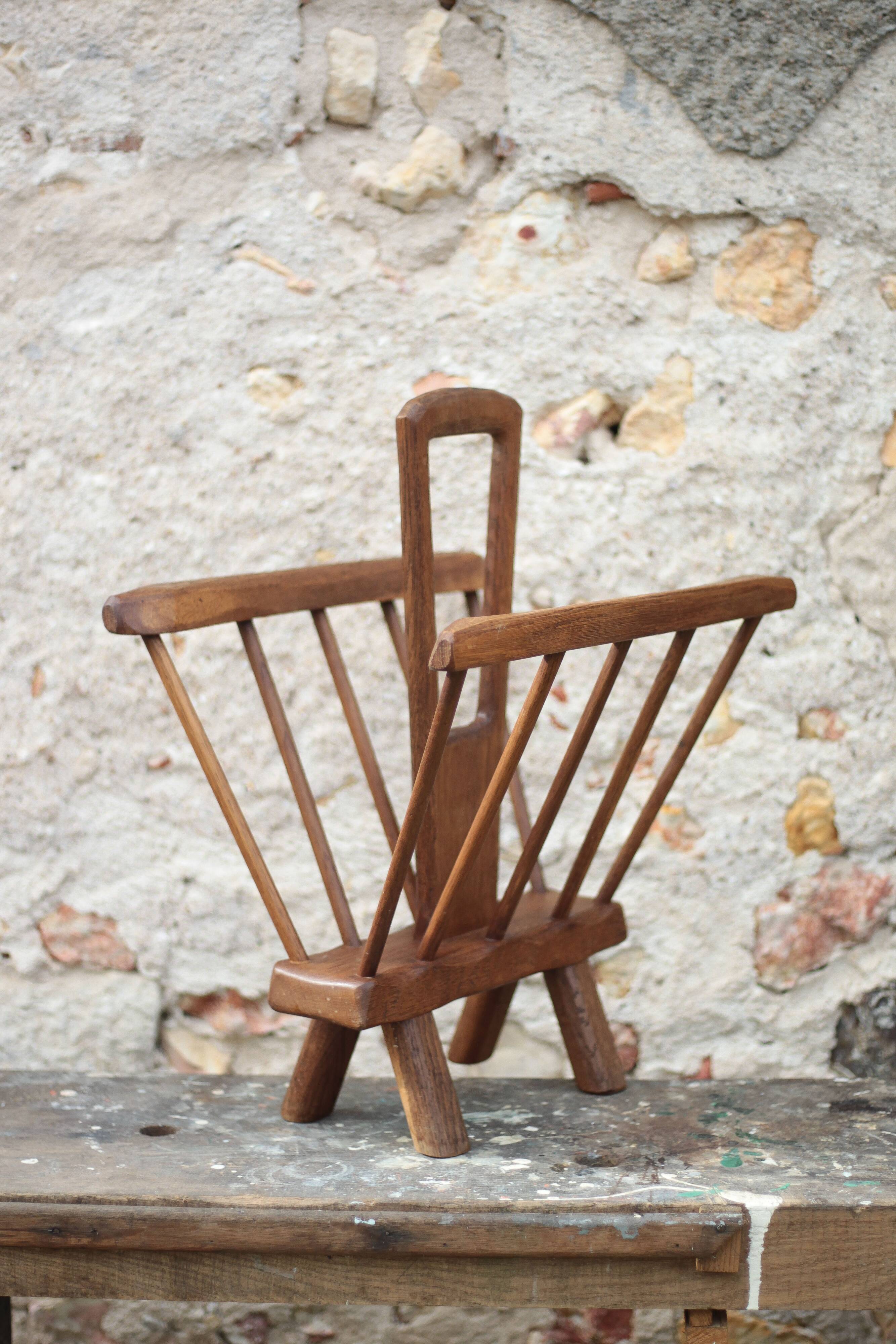 Vintage brutalist wooden magazine rack, magazine holder, newspaper, magazine.