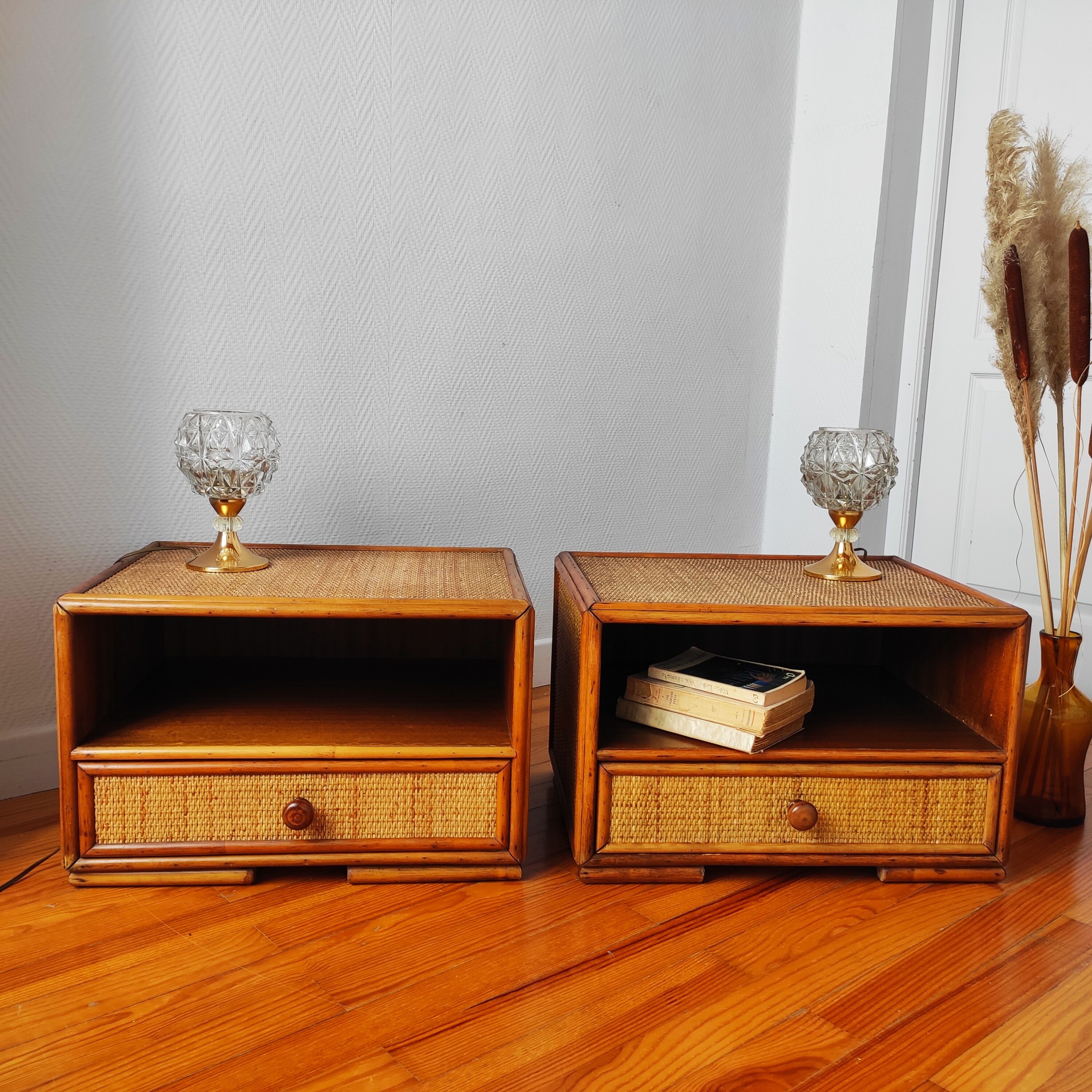 Pair of rattan bedside tables
