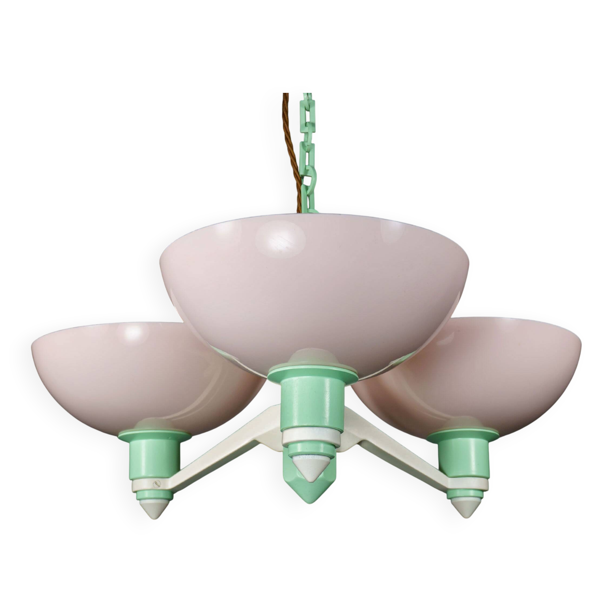 Scarce British Art Deco Pink-Green Aluminium Chandelier & Pink UF Shades
