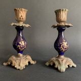 Pair of 19th century Sèvres blue and bronze candlesticks