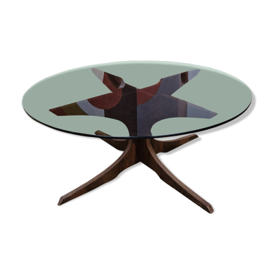Table basse en verre fumé et teck d'après Hugues Poignant, années 60-70