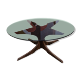 Vintage coffee table from the 60s and 70s by Hugues POIGNANT, smoked glass & teak.