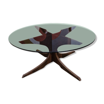 Vintage coffee table from the 60s and 70s by Hugues POIGNANT, smoked glass & teak.