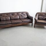 Ensemble brutaliste de canapé et chaise longue en cuir par Hain & Thome 1970