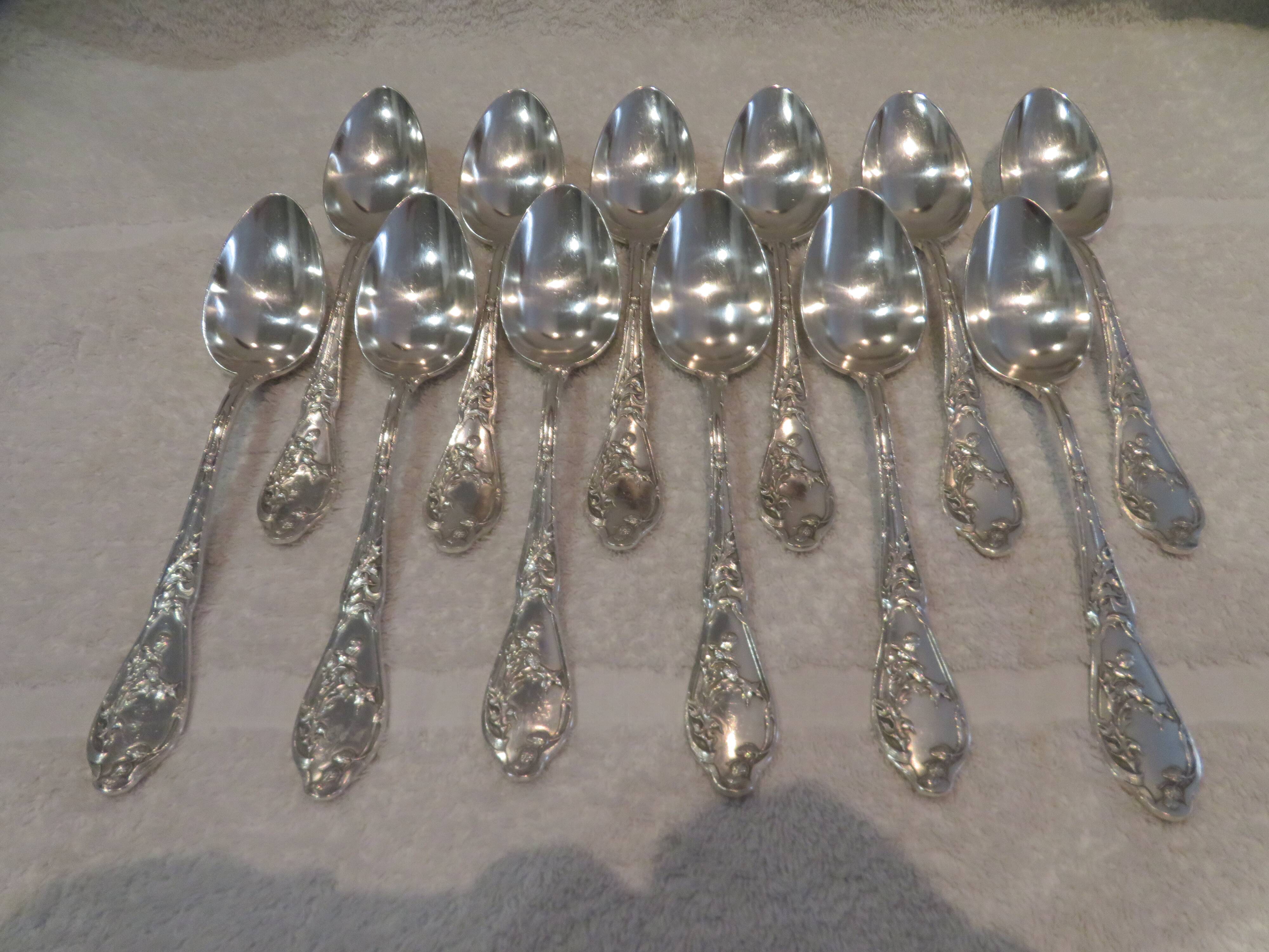 12 silver plated soup spoons by Boulenger, Art Nouveau Chardons