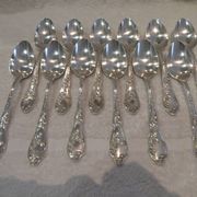 12 silver plated soup spoons by Boulenger, Art Nouveau Chardons