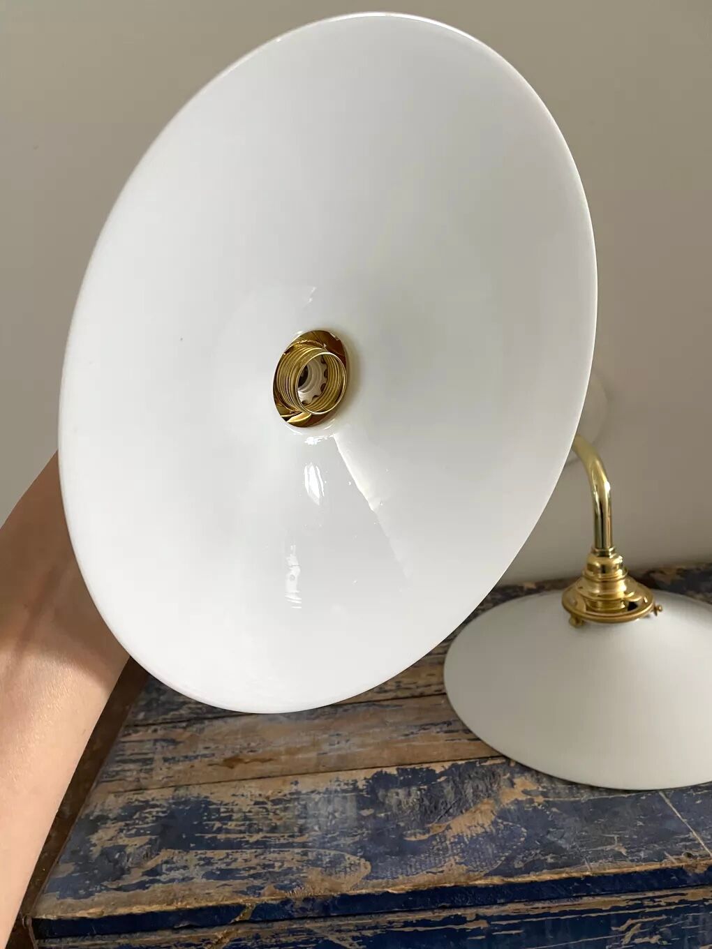 Set of two electrified white opaline wall lamps to nine