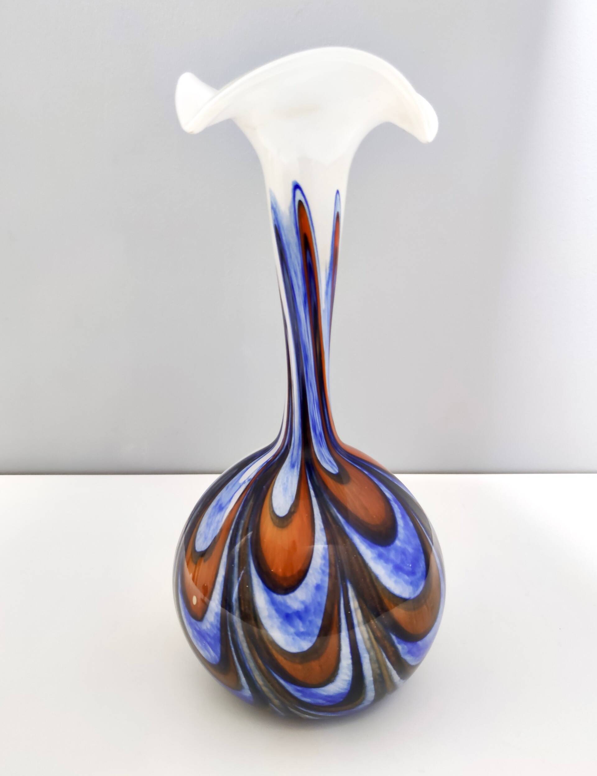 Large Orange, White and Blue Glass Vase by Opaline Florence, Italy