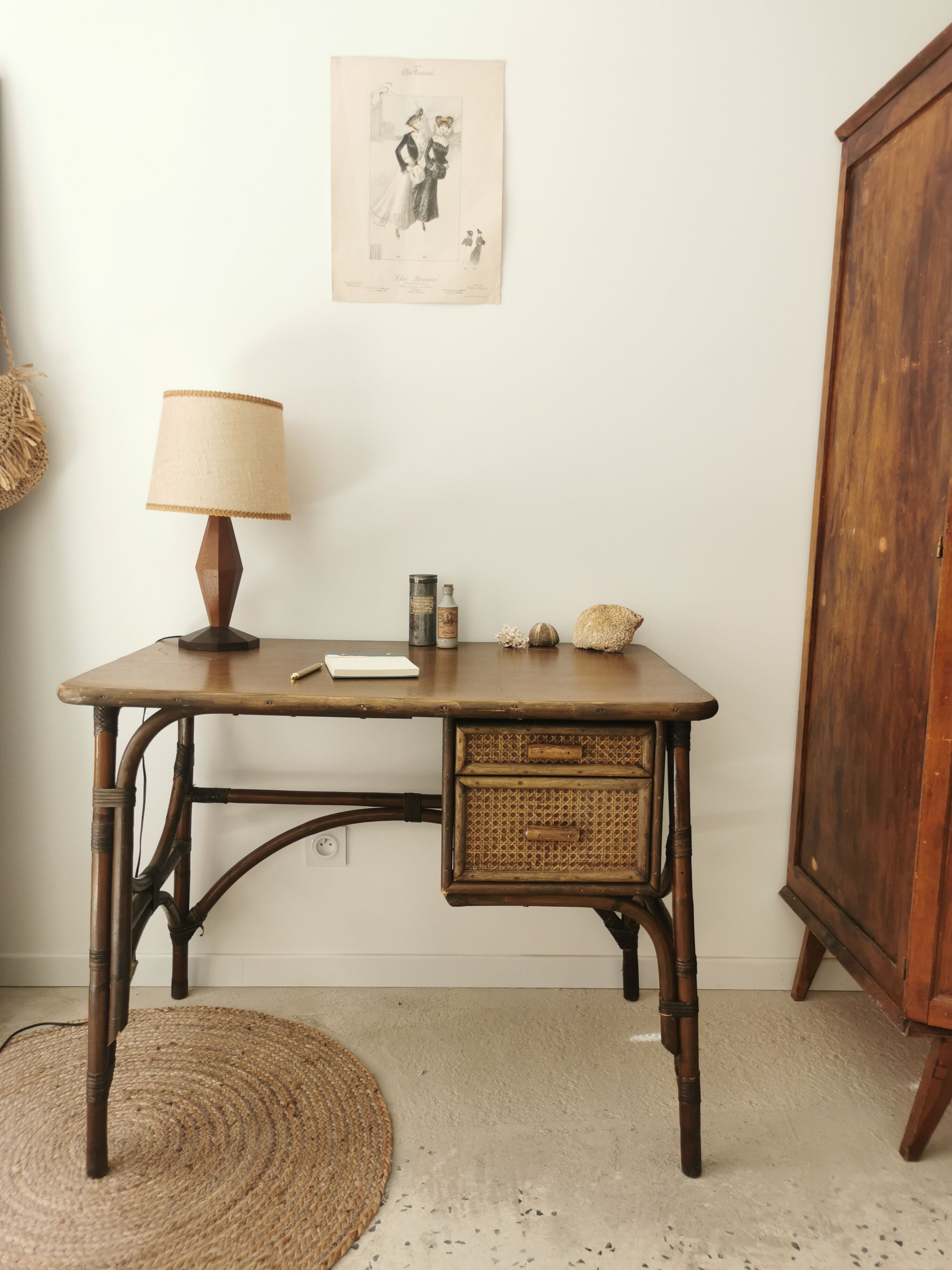 Rattan desk and vintage canning