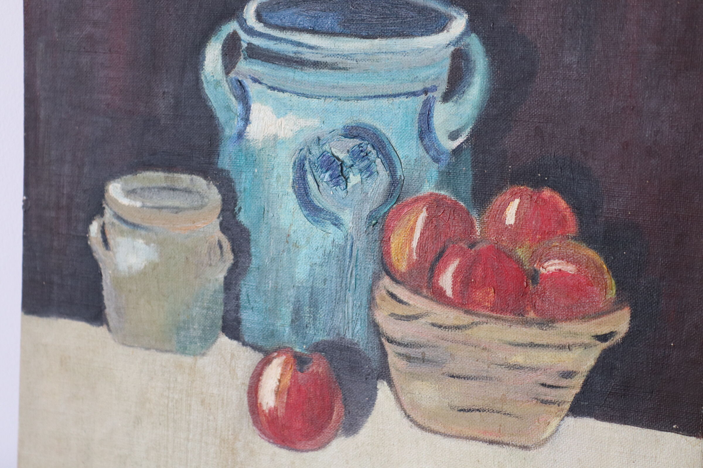Oil on panel sandstone pot and apples
