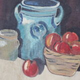 Oil on panel sandstone pot and apples