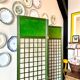 3-leaf screen in green wood, ecru paper and mirror