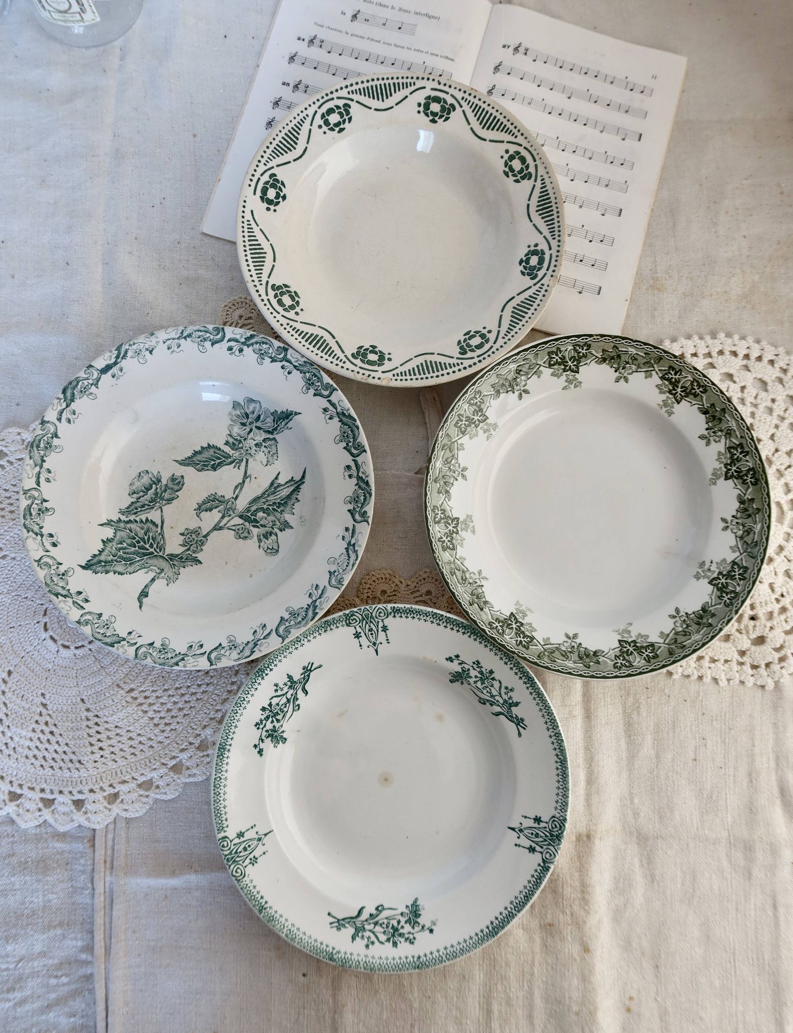 4 mismatched old green ironstone deep plates