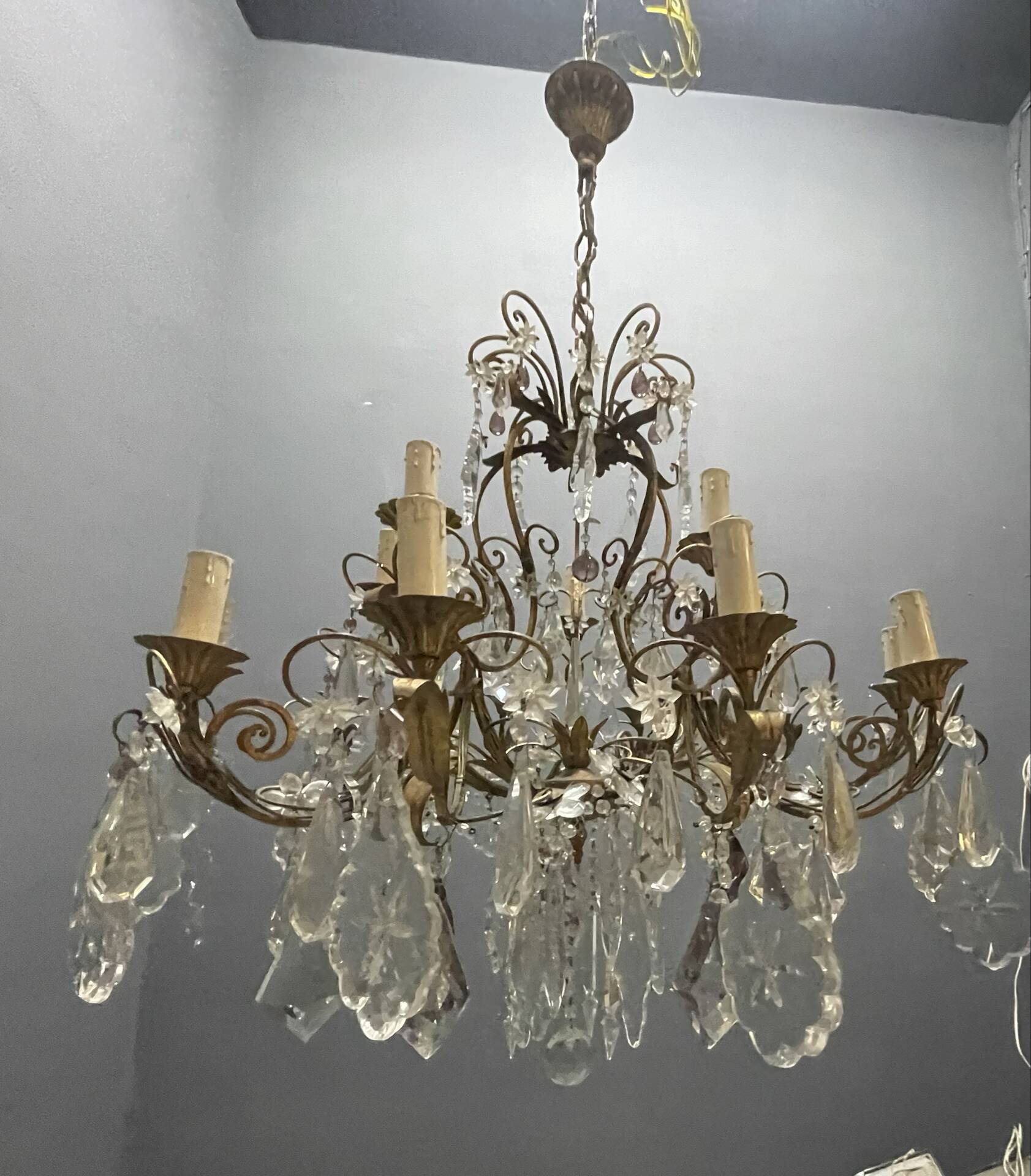 Large Florentine Tole Chandelier with Murano Glass Flowers, Italy, 195