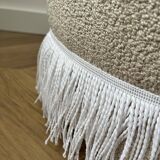 Round Ottoman with Fringe Bottom, Cream Boucle Upholstered Pouf
