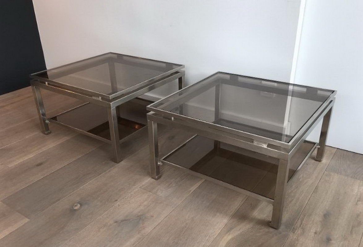 Pair of side tables in brushed steel. Guy Lefèvre for Maison Jansen