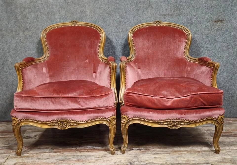 Pair of cabriolet armchairs in Louis XV style – Carved wood – Pink velvet –