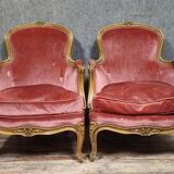 Pair of cabriolet armchairs in Louis XV style – Carved wood – Pink velvet –